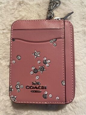 Coach Pink Zip Leather Wallet with Silver Star Studs and Chain